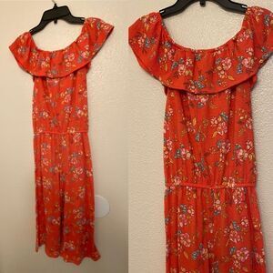 Wonder Nation Tropical floral ruffle off shoulder Jumpsuit Romper comfort 10-12